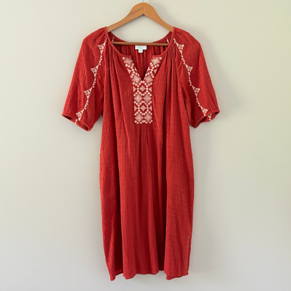 J. Jill Dress Shift Small Rust Orange Embroidered Boho Textured Cotton Pockets